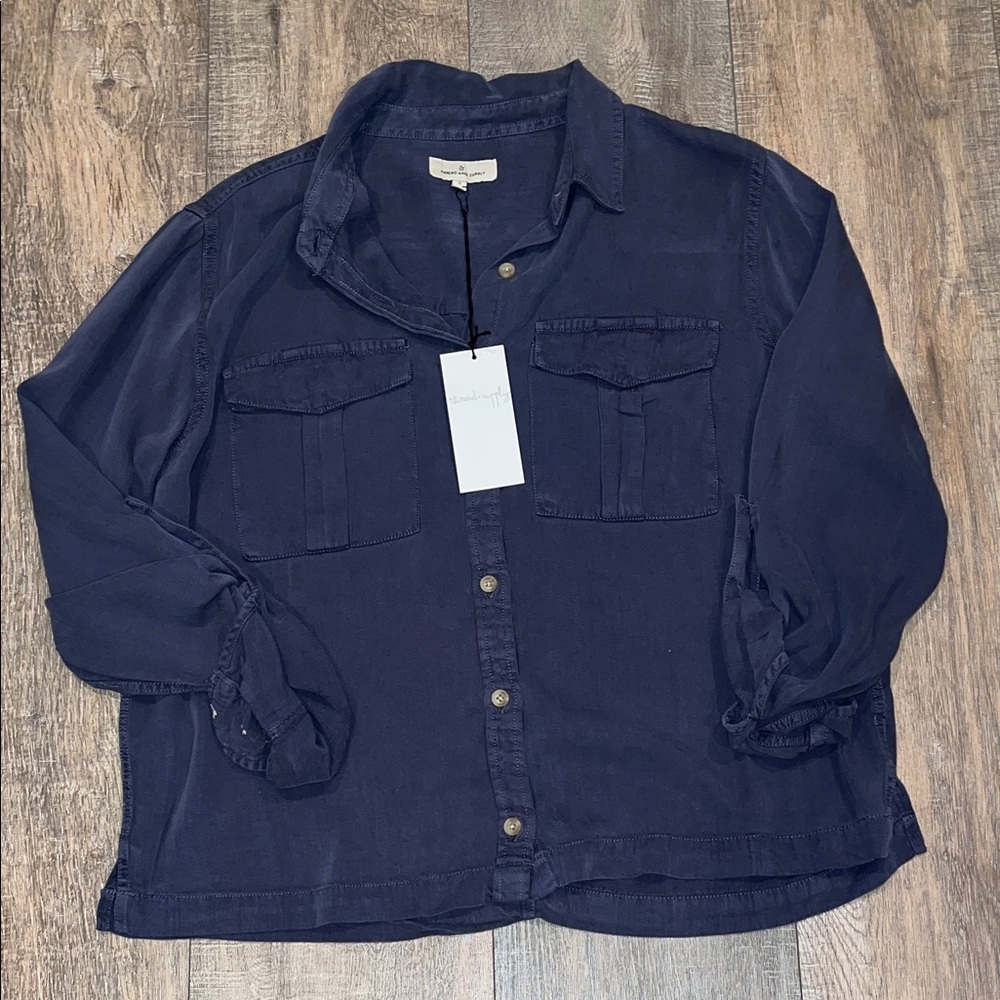 Thread & Supply Crop Boxy Dark Blue Button Down Shirt Long Sleeve Small
